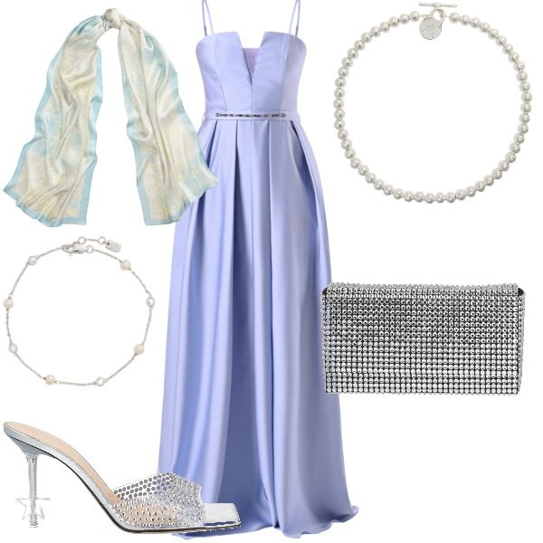 Outfit donna - Matrimonio di sera. Stile Glamour per Cerimonia. Abbinamento con borse a mano, sandali in pelle, vestiti, collane, braccialetti, foulard.