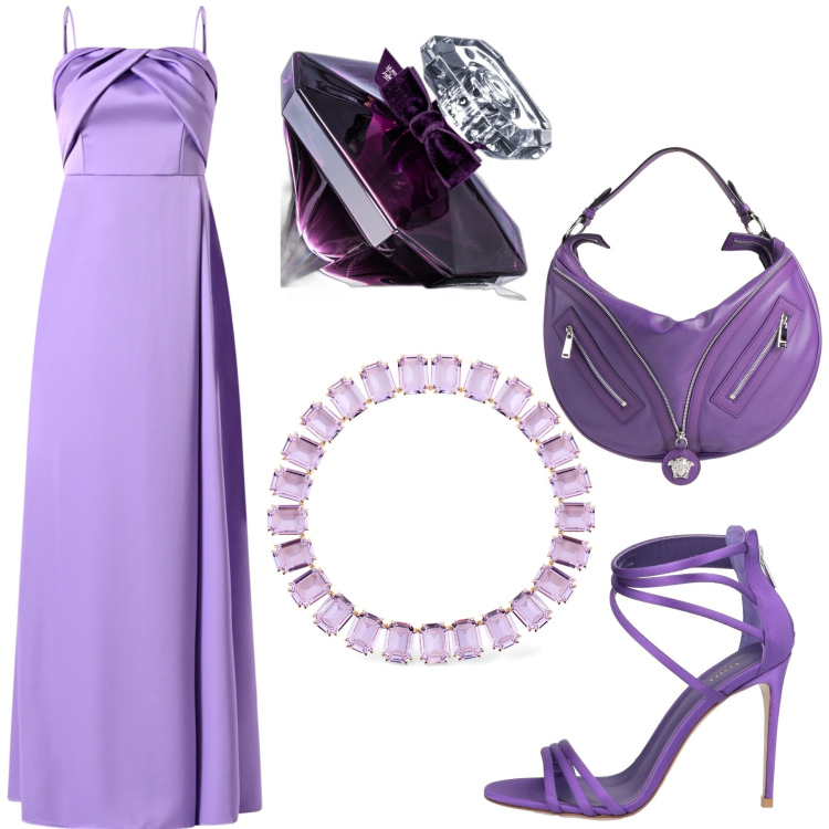 Outfit donna - Cerimonia in viola. Stile Chic per Cerimonia. Abbinamento con sandali in pelle, borse a mano, profumi, vestiti lunghi, collane.