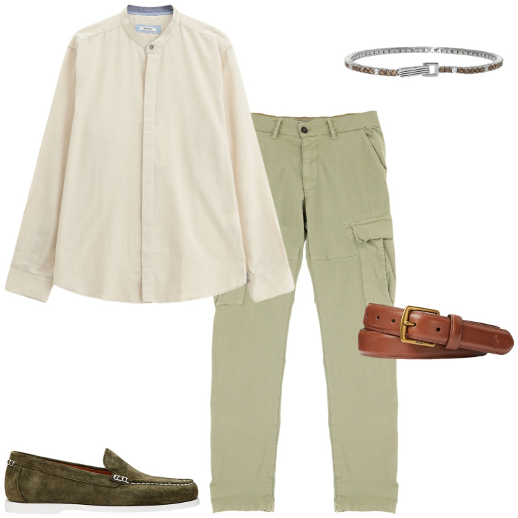 Outfit uomo - Total look #2189583. Stile Trendy per Serata speciale. Abbinamento con braccialetti, pantaloni cargo, camicie, cinture, scarpe stringate.