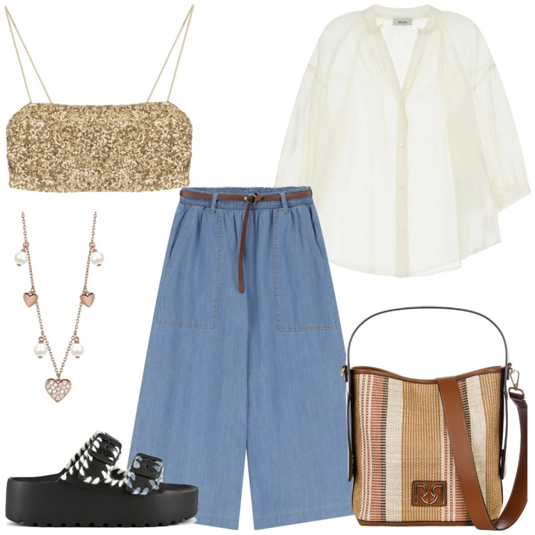 Outfit donna - Check in veloce. Stile Casual chic per Tutti i giorni. Abbinamento con collane, borse a secchiello, jeans, top, camicie, ciabatte.