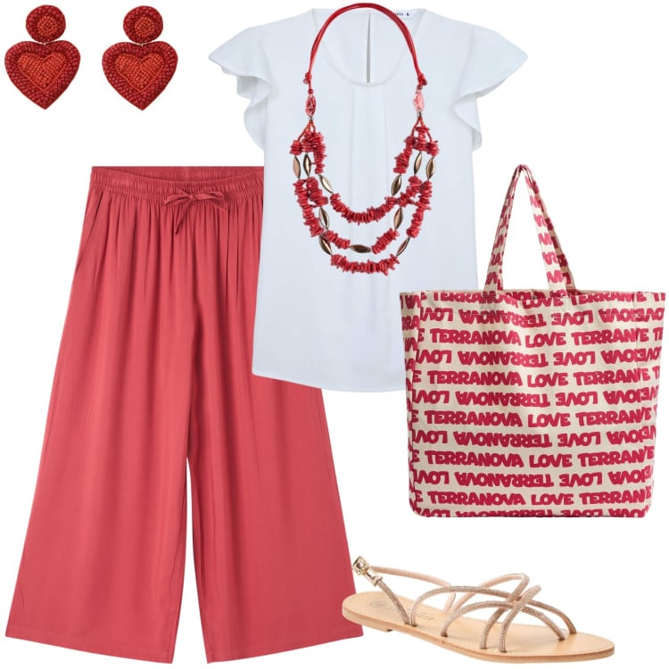 Outfit donna - Leggerezza per l\'outfit da viaggio. Stile Minimal per Tutti i giorni. Abbinamento con pantaloni a palazzo, bluse, sandali, borse tote, orecchini, collane.