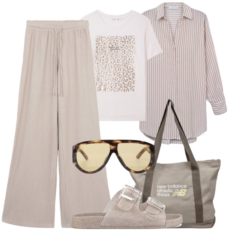 Outfit donna - Si parte per il weekend !. Stile Casual per Tutti i giorni. Abbinamento con pantaloni, camicie, t-shirt, shopping bag, occhiali da sole, sandali.