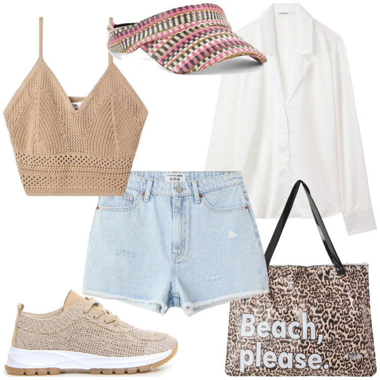 Outfit donna - Viaggio in macchina. Stile Sporty chic per Tutti i giorni. Abbinamento con borse tote, top, shorts, bluse, cappelli con visiera, sneakers.