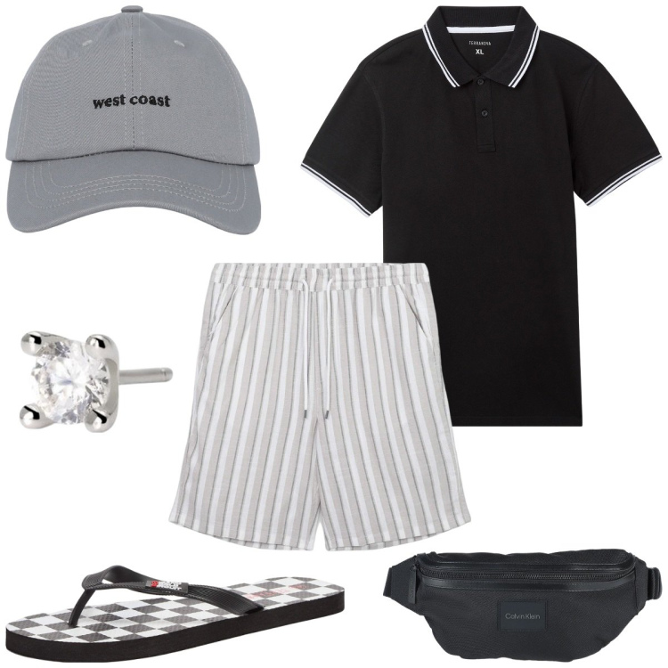 Outfit uomo - Resort al mare. Stile Trendy Abbinamento con borse sportive, sandali, cappelli con visiera, polo, pantaloni corti, orecchini.
