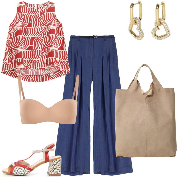 Outfit donna - Leggerezza per l\'outfit da viaggio. Stile Minimal per Tutti i giorni. Abbinamento con orecchini, reggiseni, top, pantaloni, shopping bag, sandali col tacco.