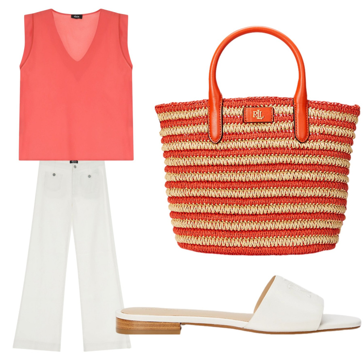 Outfit donna - Aperitivo. Stile Trendy per Tutti i giorni. Abbinamento con top, pantaloni a palazzo, borse tote, ciabatte.