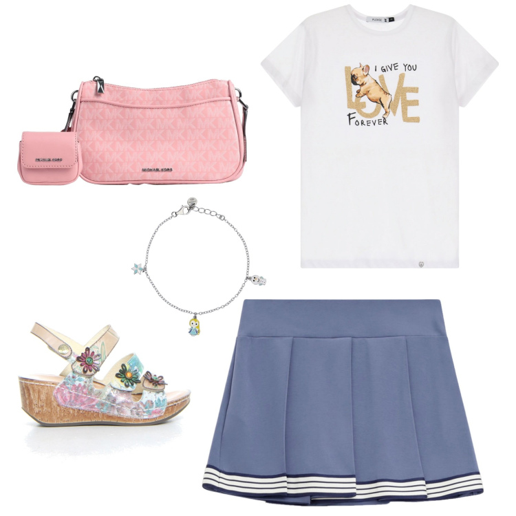 Outfit donna - Pomeriggio con le amiche. Stile Casual per Tutti i giorni. Abbinamento con borse a tracolla, braccialetti con ciondoli, t-shirt, minigonne, sandali.