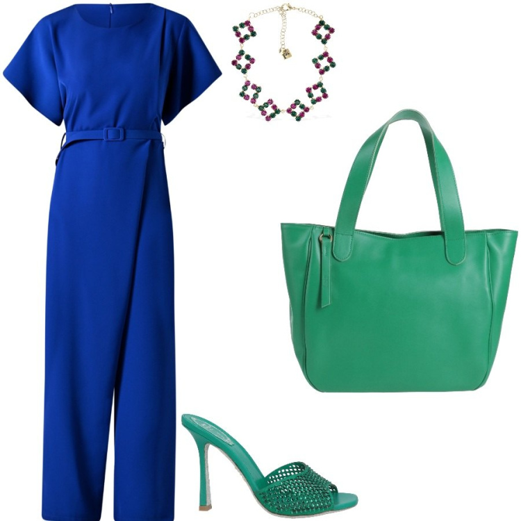 Outfit donna - Colori anni \'80. Stile Chic per Serata fuori. Abbinamento con borse a mano, sandali in pelle, tute, collane.