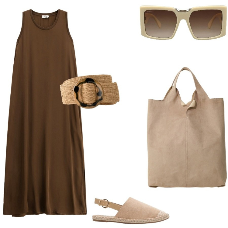 Outfit donna - Commissioni mattutine. Stile Casual per Tutti i giorni. Abbinamento con cinture, espadrillas, occhiali da sole, vestiti lunghi, shopping bag.