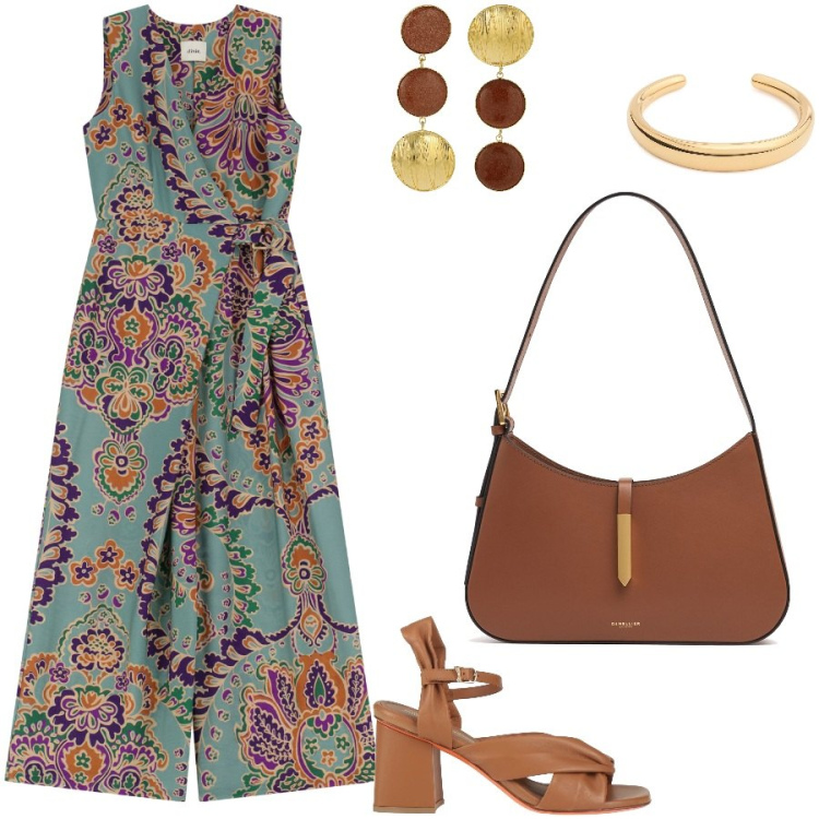 Outfit donna - Serata fuori. Stile Chic per Serata fuori. Abbinamento con sandali in pelle, tute, orecchini, braccialetti, borse a spalla.