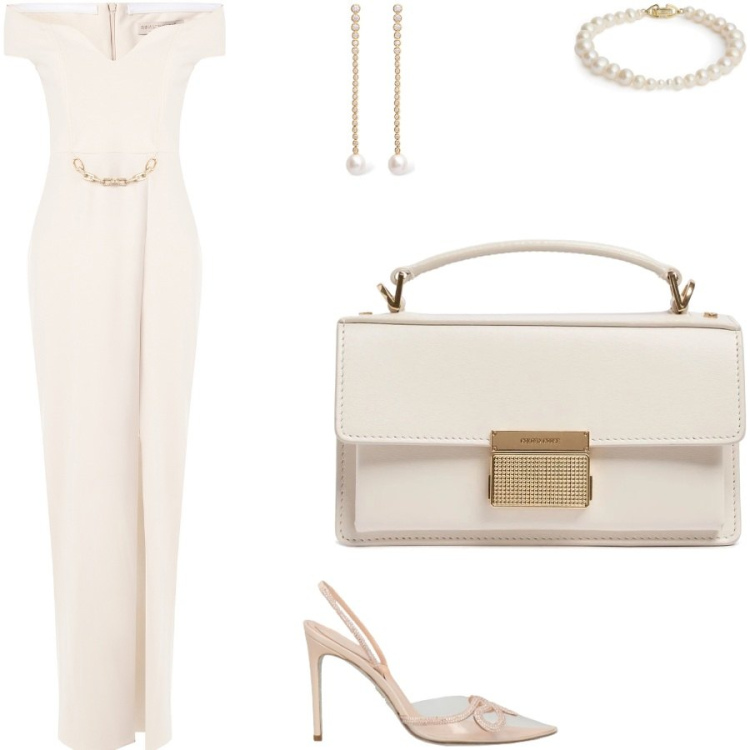 Outfit donna - Nozze civili. Stile Chic per Cerimonia. Abbinamento con décolleté, vestiti lunghi, borse a mano, orecchini, braccialetti.