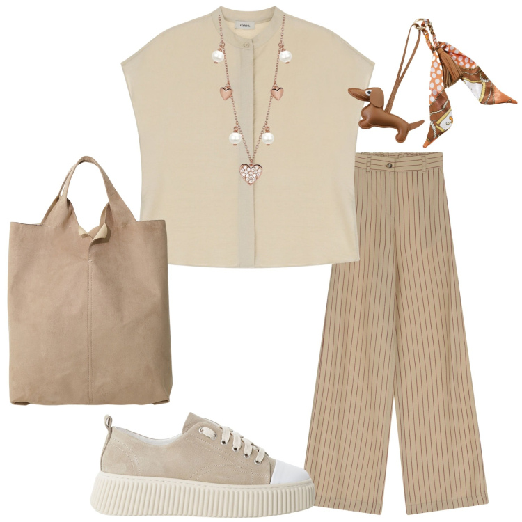 Outfit donna - Look da viaggio. Stile Urban per Tutti i giorni. Abbinamento con collane, sneakers, pantaloni, camicie a manica corta, portachiavi, shopping bag.