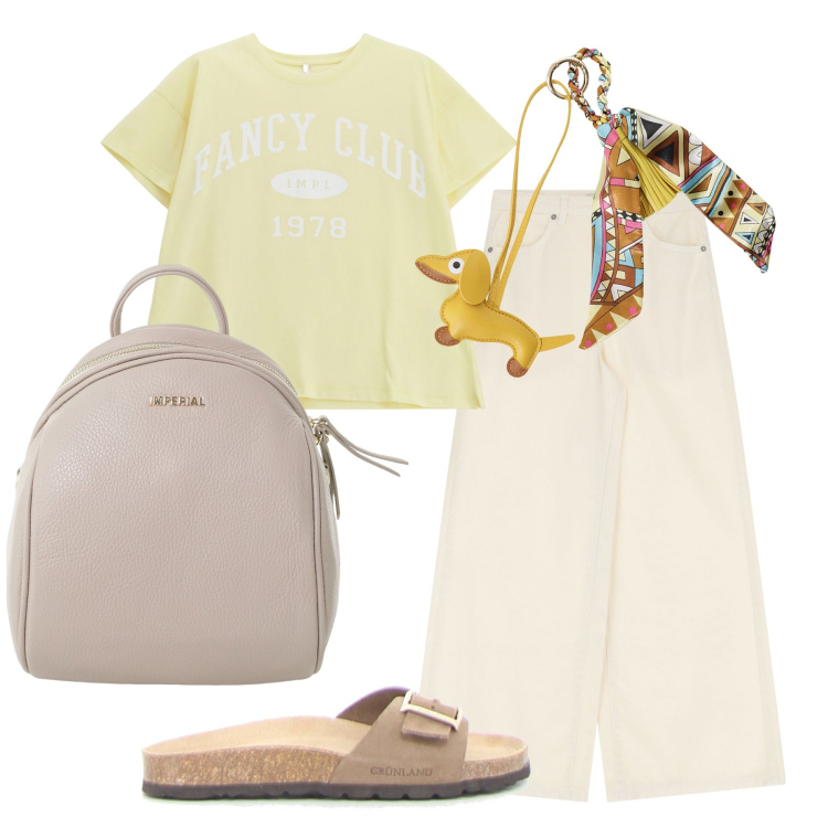 Outfit donna - Colori chiari per il viaggetto. Stile Basic per Tutti i giorni. Abbinamento con t-shirt, zaini, jeans, portachiavi, ciabatte.