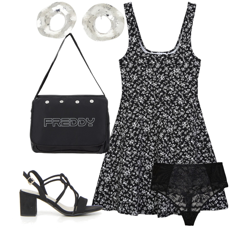 Outfit donna - Domenica a casa di amici. Stile Glamour per Tutti i giorni. Abbinamento con perizomi, vestiti corti, borse messenger, orecchini, sandali col tacco.
