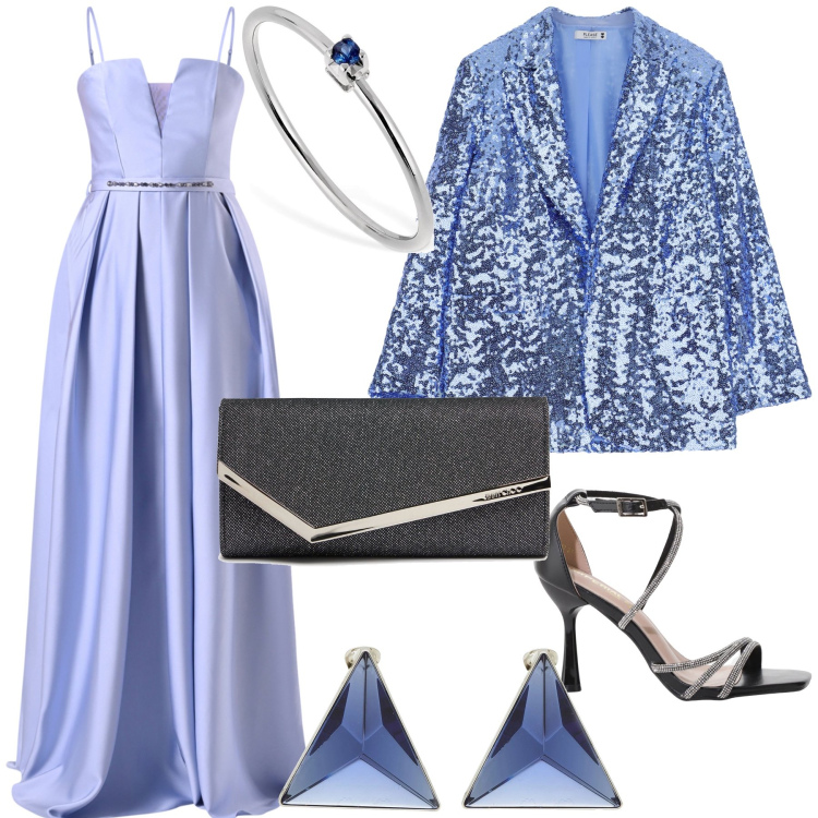 Outfit donna - Cerimonia importante e serale. Stile Glamour per Cerimonia. Abbinamento con orecchini, vestiti, blazer, sandali col tacco, anelli, pochette.