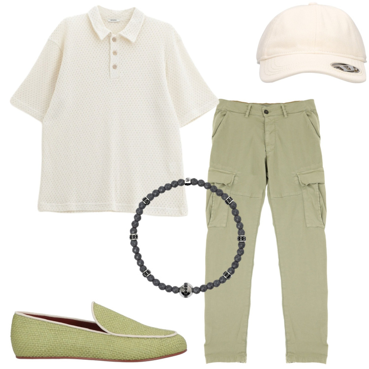 Outfit uomo - Polo tessuto traspirante. Stile Casual per Tutti i giorni. Abbinamento con scarpe stringate, braccialetti, pantaloni cargo, polo, cappelli con visiera.