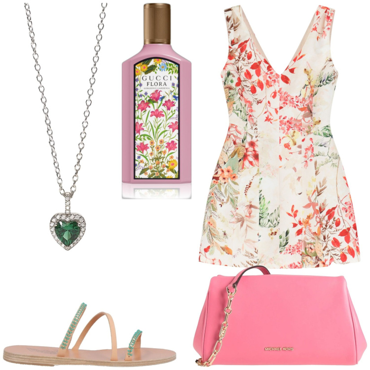Outfit donna - Total look #2189661. Stile Bon Ton per Tutti i giorni. Abbinamento con borse a tracolla, sandali in pelle, profumi, ciondoli, vestiti corti.