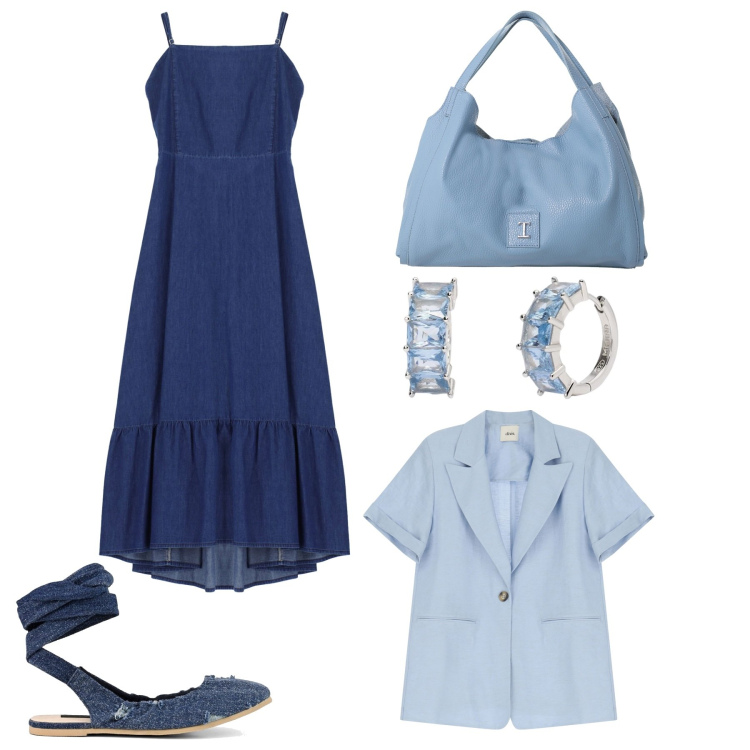 Outfit donna - Blu e celeste. Stile Bon Ton per Tutti i giorni. Abbinamento con orecchini, pochette, vestiti lunghi, blazer, ballerine.