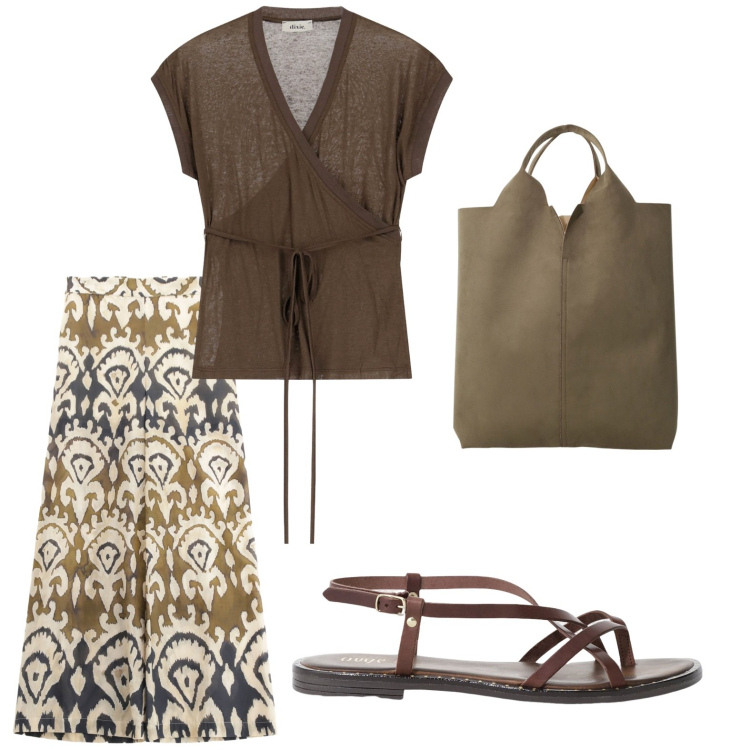 Outfit donna - Vintage a giugno. Stile Vintage retrò per Serata fuori. Abbinamento con pantaloni, shopping bag, sandali, top.