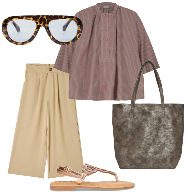 Outfit donna - Look da viaggio leggero. per Mare. Abbinamento con pantaloni a palazzo, borse tote, occhiali da sole, camicie a manica corta, sandali in pelle.