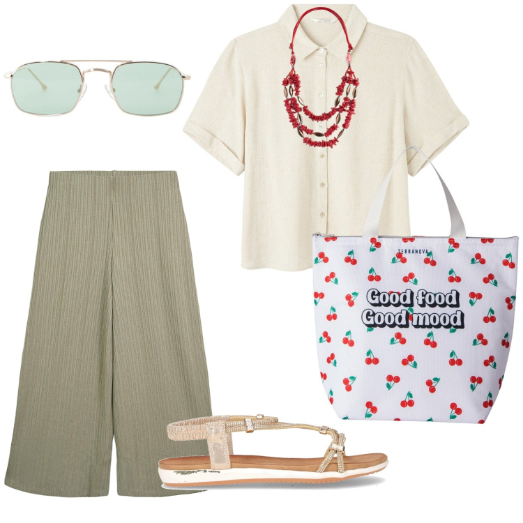 Outfit donna - Look da viaggio leggero. per Mare. Abbinamento con pantaloni a palazzo, camicie a manica corta, borse tote, occhiali da sole, collane, sandali in pelle.