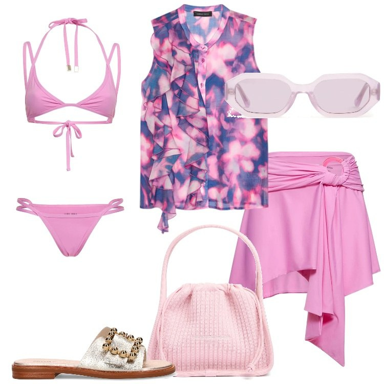 Outfit donna - Romantica in rosa. Stile Romantica per Mare. Abbinamento con top, occhiali da sole, borse a mano, minigonne, bikini, ciabatte.