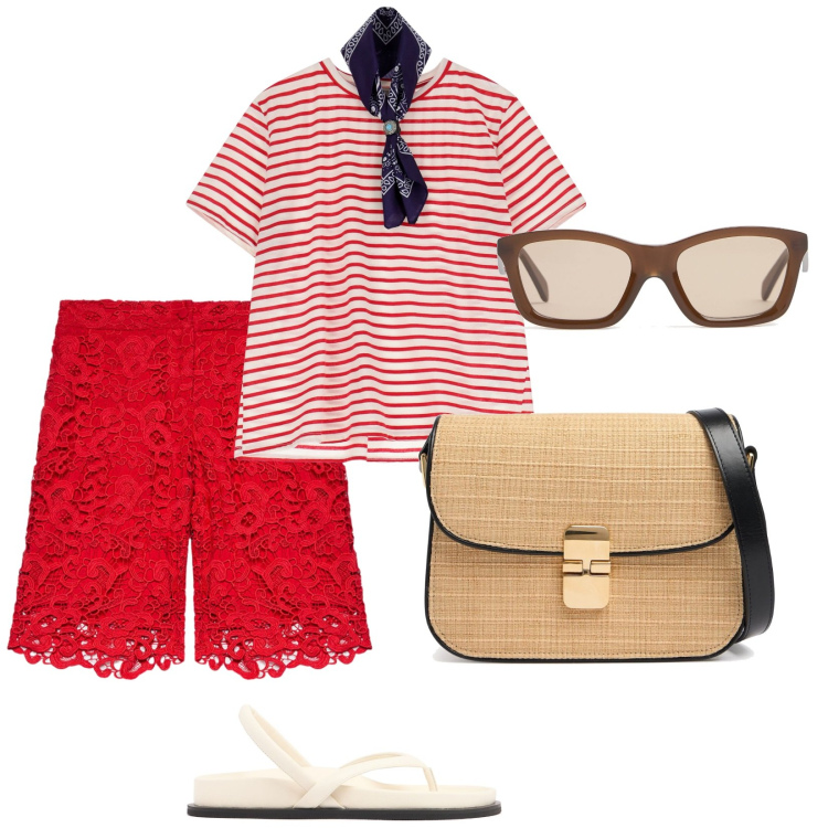 Outfit donna - Vacanze italiane. per Mare. Abbinamento con t-shirt, pantaloni corti, borse a spalla, occhiali da sole, sandali in pelle.