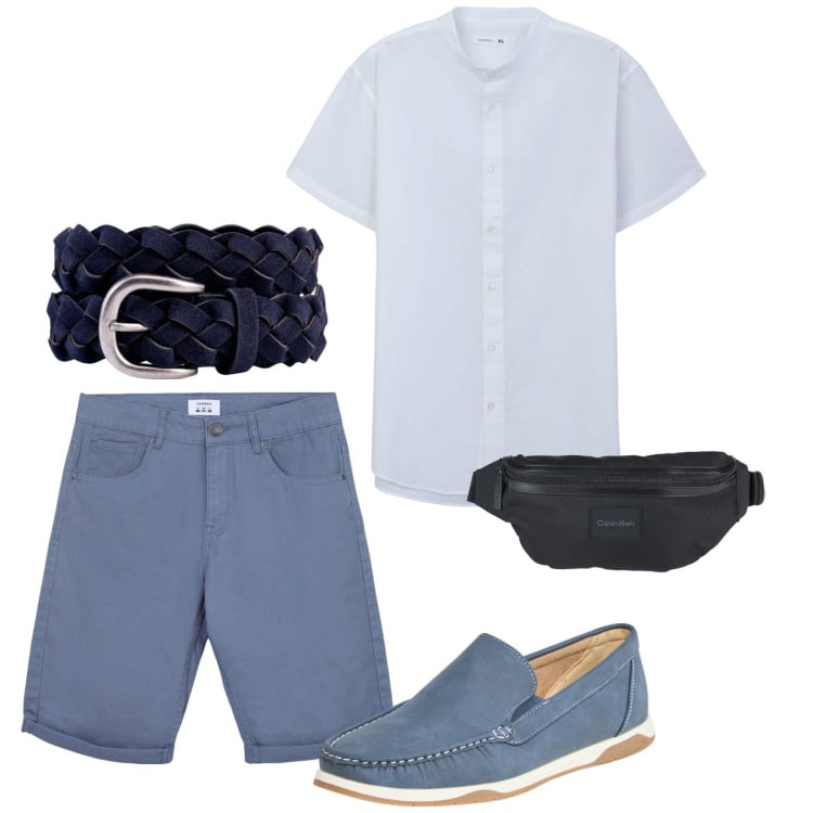 Outfit uomo - Fresco. per Ufficio. Abbinamento con borse sportive, bermuda, scarpe stringate, camicie a manica corta, cinture.