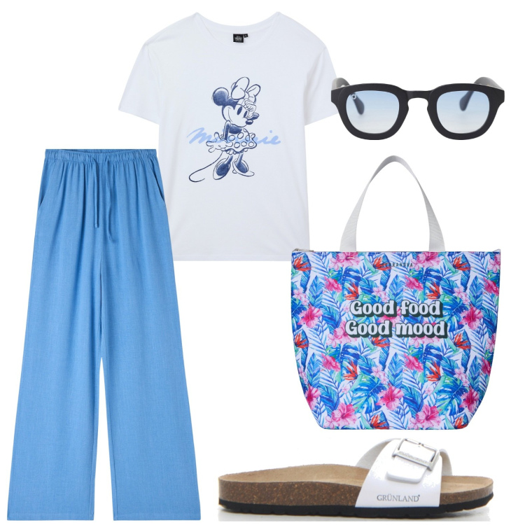 Outfit donna - Casual in città. Stile Casual per Tutti i giorni. Abbinamento con t-shirt, pantaloni, borse tote, occhiali da sole, ciabatte.
