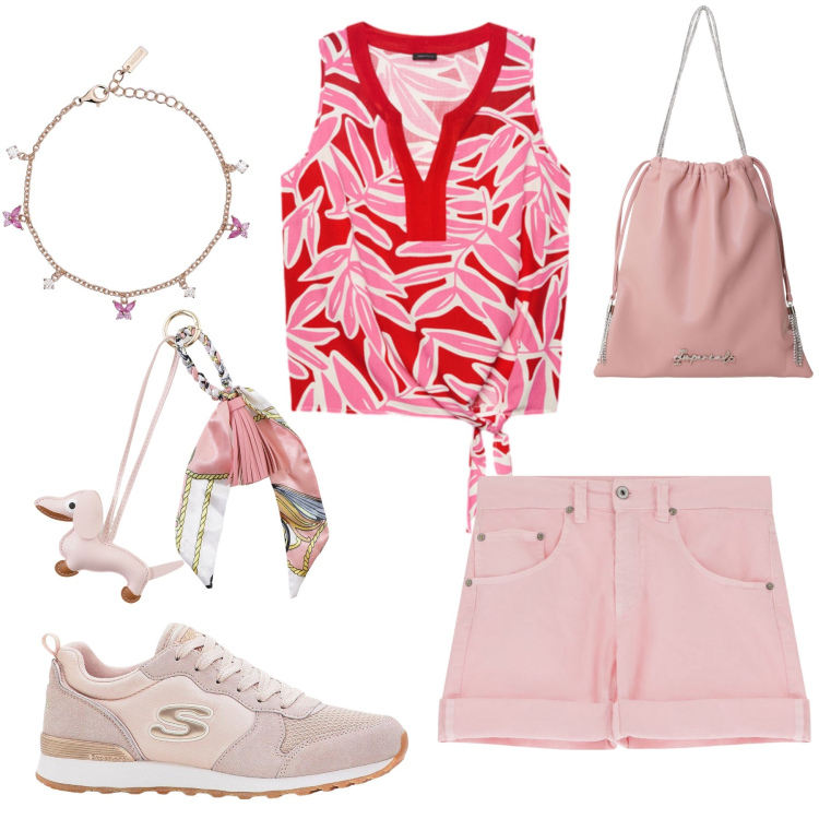 Outfit donna - Total look #2189759. Stile Casual chic per Tutti i giorni. Abbinamento con sneakers, braccialetti, shorts, borse a secchiello, portachiavi, top.