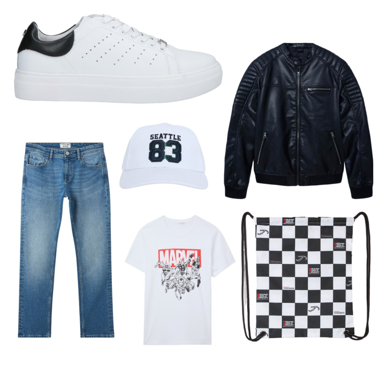 Outfit uomo - Total look #2189786. Abbinamento con sneakers, borse sportive, jeans, giacche, cappelli, t-shirt.