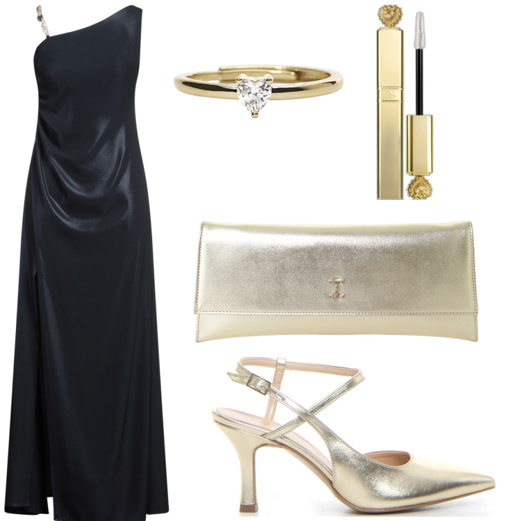 Outfit donna - Cerimonia in lungo. Stile Chic per Cerimonia. Abbinamento con vestiti lunghi, mascara, anelli, pochette, sandali col tacco.