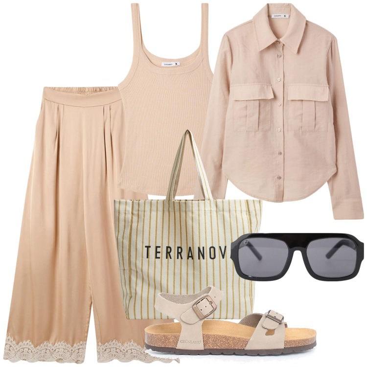 Outfit donna - Look da viaggio leggero. Stile Basic per Tutti i giorni. Abbinamento con pantaloni a palazzo, camicie, borse tote, canottiere, occhiali da sole, sandali.
