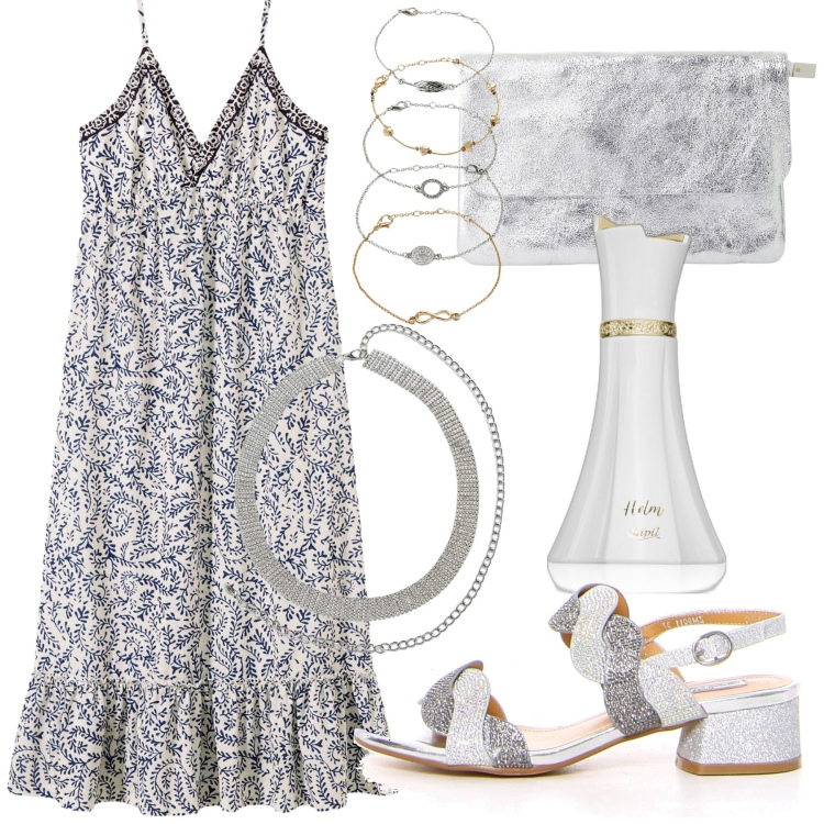 Outfit donna - La magia dell argento. Stile Trendy per Tutti i giorni. Abbinamento con braccialetti con ciondoli, vestiti, profumi, cinture, borse a tracolla, sandali col tacco.