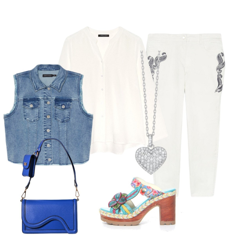 Outfit donna - Con il gilè di jeans. Stile Casual chic per Tutti i giorni. Abbinamento con collane, pochette, camicie, pantaloni, gilet, ciabatte.