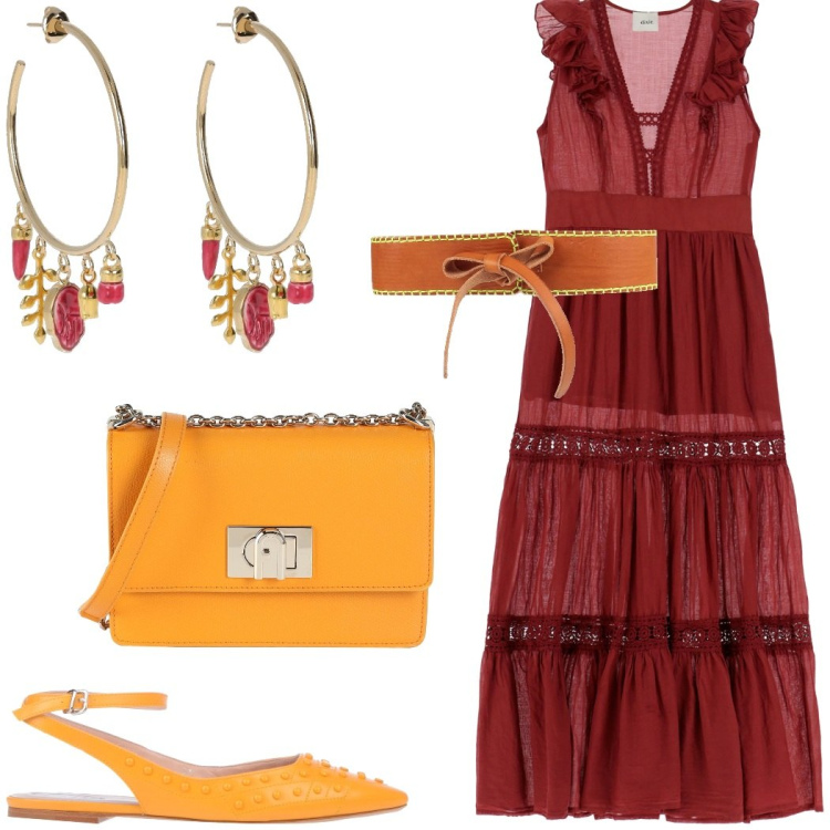 Outfit donna - Happy hour. Stile Boho per Serata fuori. Abbinamento con ballerine, borse a tracolla, cinture, vestiti lunghi, orecchini.