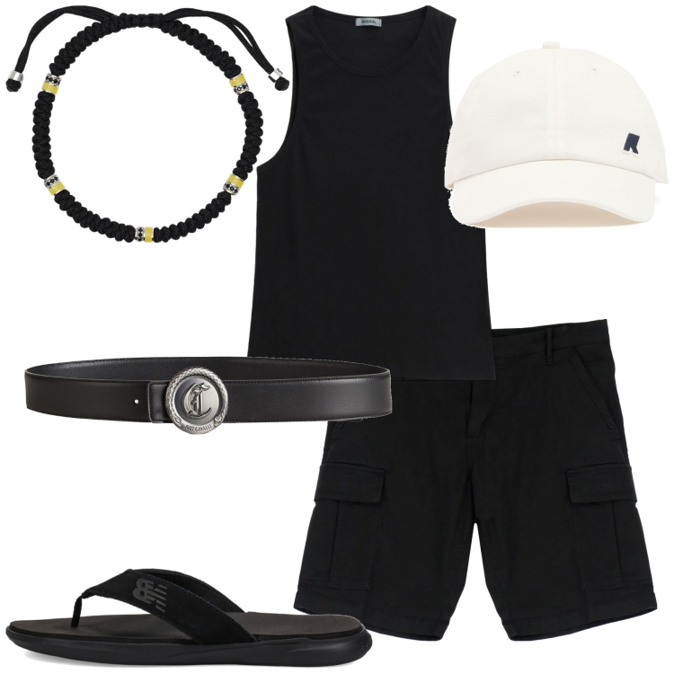 Outfit uomo - Canottiera. Stile Casual per Tutti i giorni. Abbinamento con braccialetti, sandali, canottiere, bermuda, cinture, cappelli.