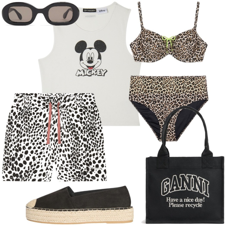 Outfit donna - Vacanze al mare. Stile Casual chic per Mare. Abbinamento con espadrillas, pantaloni corti, canottiere, bikini, shopping bag, occhiali da sole.