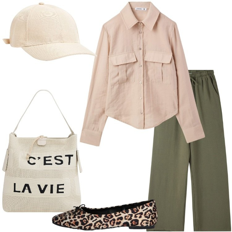 Outfit donna - Look da viaggio leggero. Stile Basic per Tutti i giorni. Abbinamento con camicie, cappelli, pantaloni, ballerine, borse a mano.