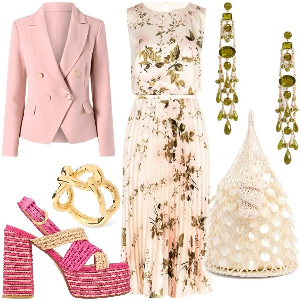 Outfit donna - Accessori intrecciati. Stile Glamour per Cerimonia. Abbinamento con sandali in pelle, vestiti midi/longuette, blazer, orecchini, anelli, borse a mano.