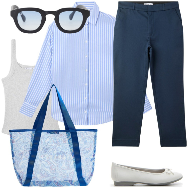 Outfit donna - Nel blu dipinto di blu. Stile Casual chic per Tutti i giorni. Abbinamento con camicie, canottiere, pantaloni, shopping bag, occhiali da sole, ballerine.