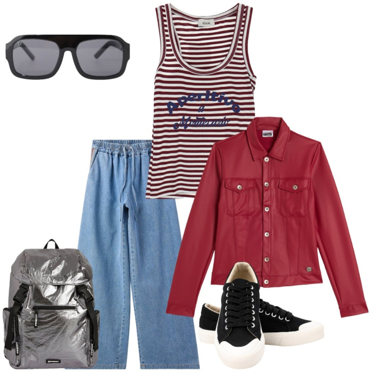 Outfit donna - A cipolla. Stile Casual chic per Tutti i giorni. Abbinamento con jeans, occhiali da sole, top, giacche, zaini, sneakers.
