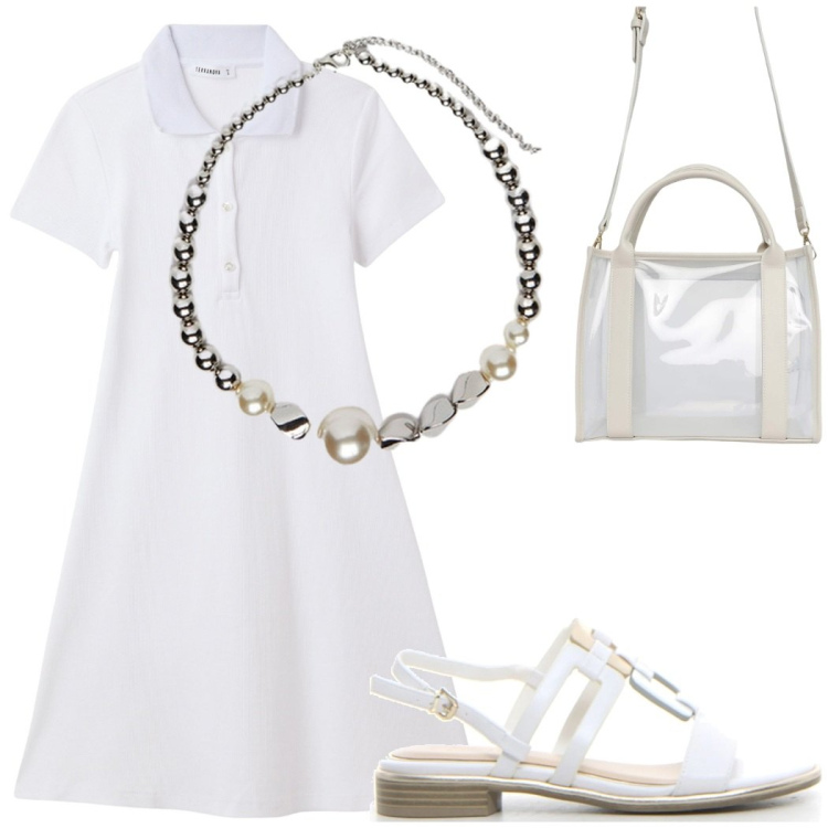 Outfit donna - Tono su tono. Stile Bon Ton per Tutti i giorni. Abbinamento con borse tote, vestiti corti, collane, sandali.