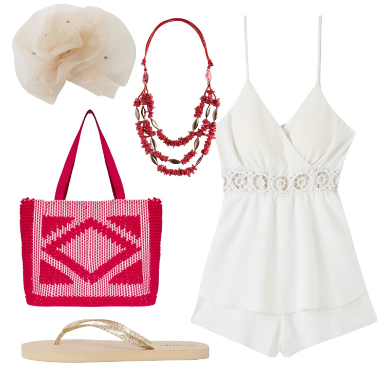 Outfit donna - Corallo. Stile Boho per Tutti i giorni. Abbinamento con tuta corta, infradito, foulard, borse a mano, collane.