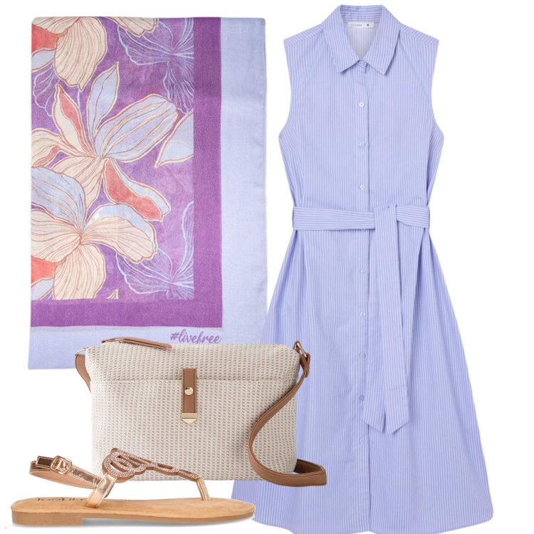 Outfit donna - Giugno. Stile Urban per Tutti i giorni. Abbinamento con borse a tracolla, vestiti chemisier, sandali in pelle, stole.