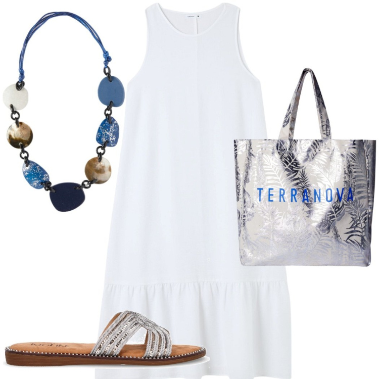 Outfit donna - Maxi dress. Stile Casual per Tutti i giorni. Abbinamento con borse tote, vestiti lunghi, collane, ciabatte.