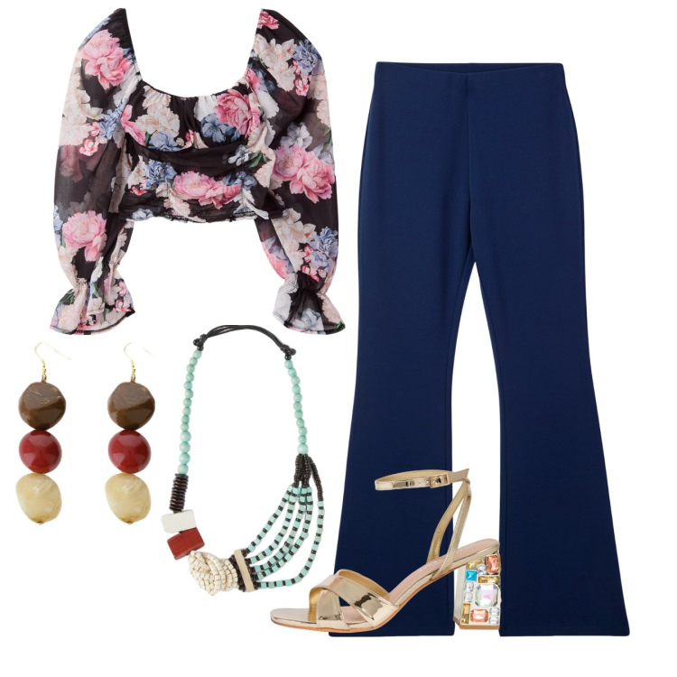Outfit donna - Anni 70. Stile 70s per Serata fuori. Abbinamento con pantaloni, bluse, sandali gioiello, orecchini, collane.