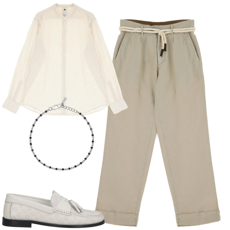 Outfit uomo - La cintura in corda anche di sera. Stile Trendy per Serata speciale. Abbinamento con scarpe stringate, braccialetti, camicie, pantaloni chino.