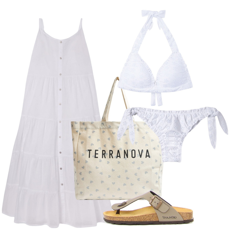 Outfit donna - Bianco curvy power - Focus Donna Curvy I. Stile Bon Ton per Mare. Abbinamento con vestiti lunghi, shopping bag, bikini, bikini, ciabatte.