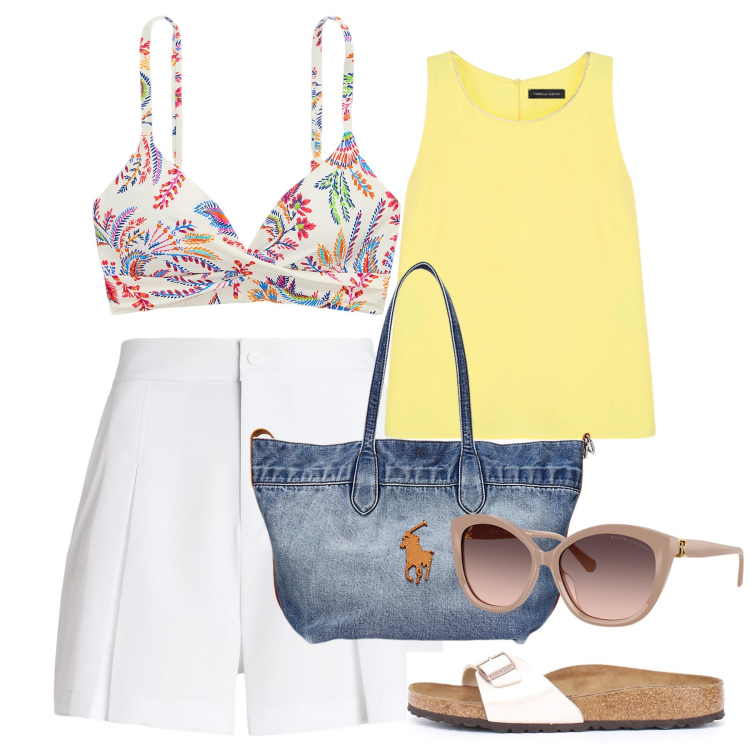 Outfit donna - Primo giorno di mare - @ambrosiajsi. Stile Bon Ton per Mare. Abbinamento con occhiali da sole, minigonne, borse tote, bikini, top, ciabatte.